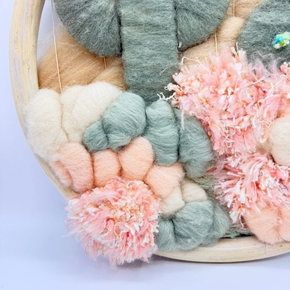 Handmade Woven Cactus‎ Wall Art Fiber Decor Sage Green Peach Desert Hoop Hanging